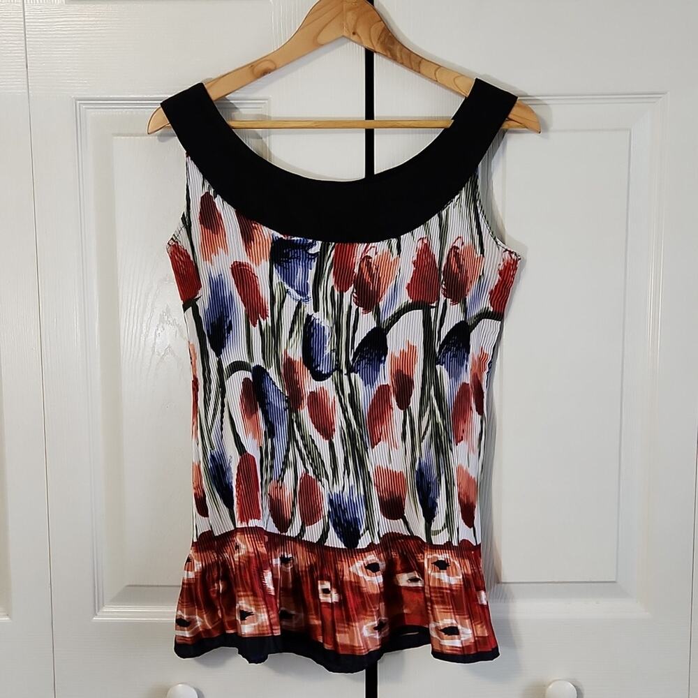 Sere Nade Womens Floral Sleeveless Blouse Size XL Accordian Peplum Artsy Light